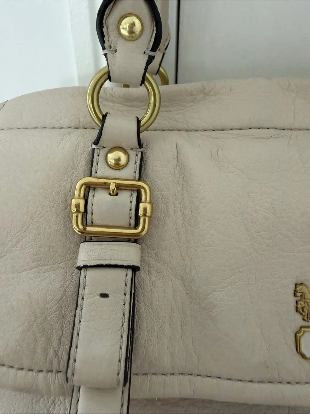 Coach Cream Leather Handbag with Rose-Pink Satin Interior and Gold Snap
